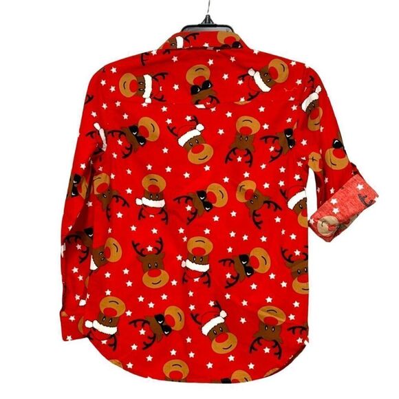 Cactus Boys Kid''s Tabbed Sleeve Button Down Reindeer Christmas Shirt, Red - Picture 2 of 9